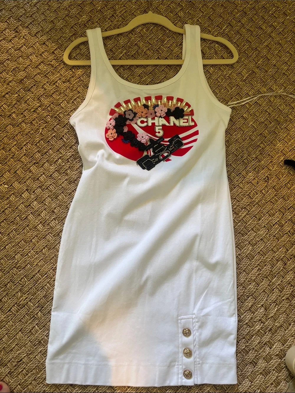 CHANEL White Tank Dress with Red Floral & Gold Embellishment